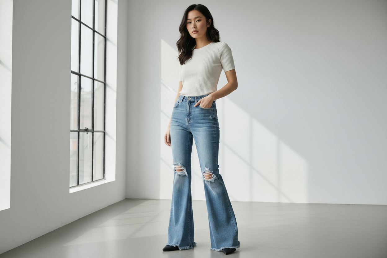 Laylani High Rise Distressed Hem Flared Jeans - Vintage Inspired Denim