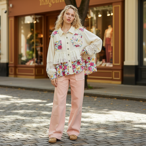 Women's Bluevelvet cream floral patch oversized top with lace trim, styled on boutique street - BellanBlue