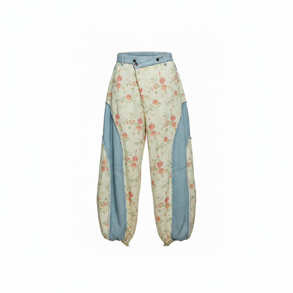 Floral rose and light blue denim patchwork barrel pants front view - POL Clothing