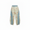 Floral rose and light blue denim patchwork barrel pants front view - POL Clothing