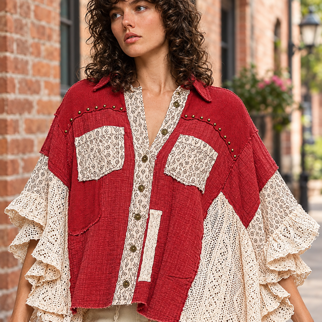 POL Clothing ruby red double-gauze shirt close-up, patterned chest pockets and button placket