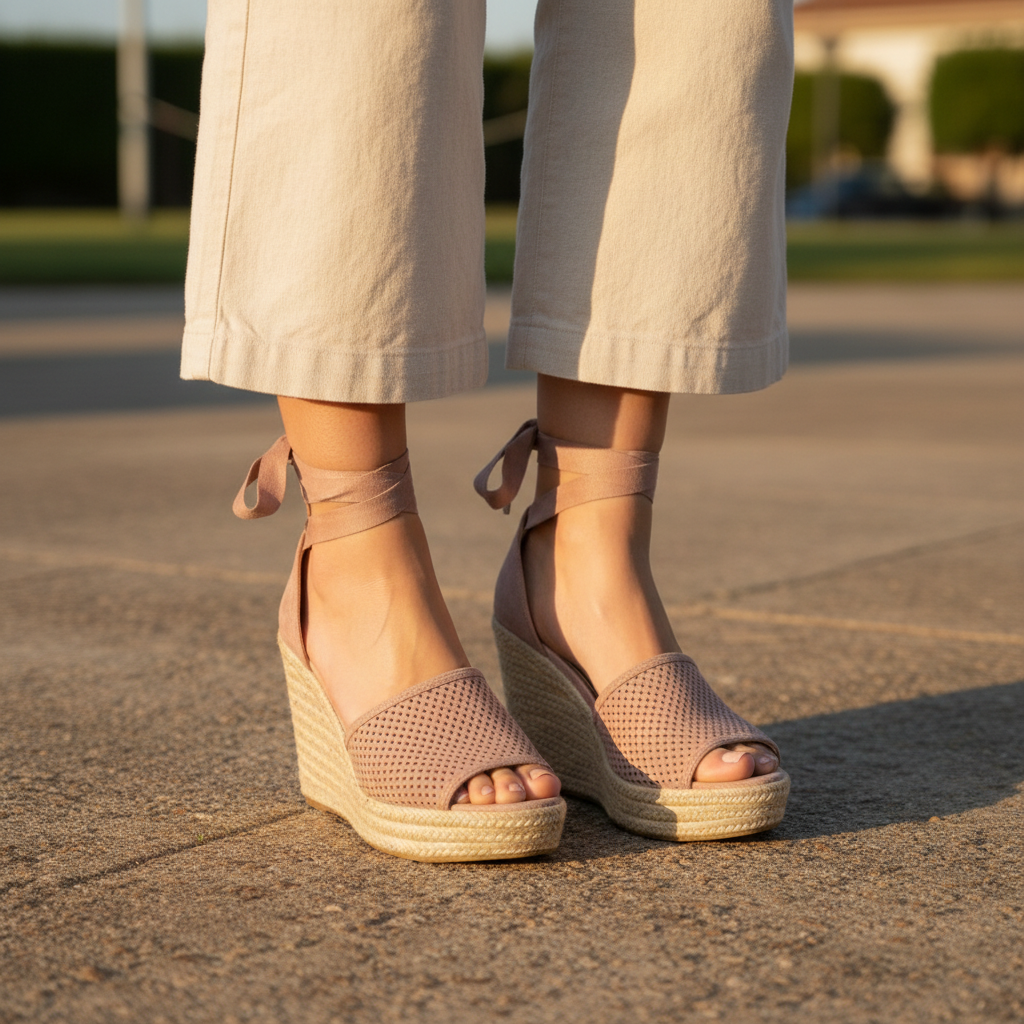 Woman standing wearing mauve-grey perforated espadrille wedge sandals with ribbon ankle ties, knees-down view, outdoor pavement