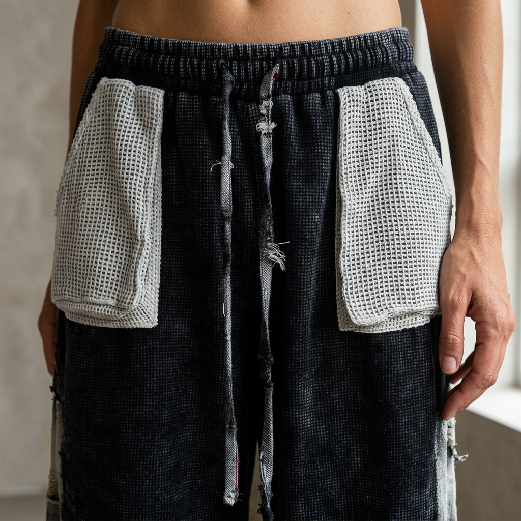 Close-up of pale textured patch pockets and frayed drawstrings on black elastic-waist pants.