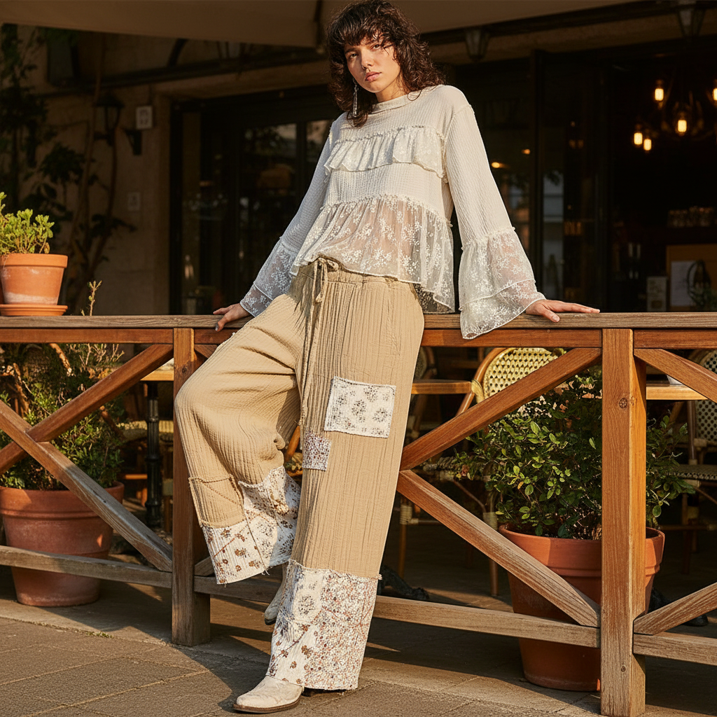 Women's tan wide-leg patchwork pants, seated, quilted crinkle fabric, floral patchwork hem, boho silhouette