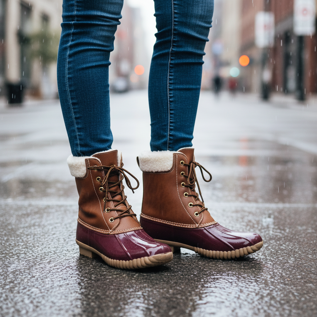 Women's bordeaux duck boot with brown leather upper and burgundy rubber shell worn with dark jeans on wet city sidewalk in rain - BellanBlue