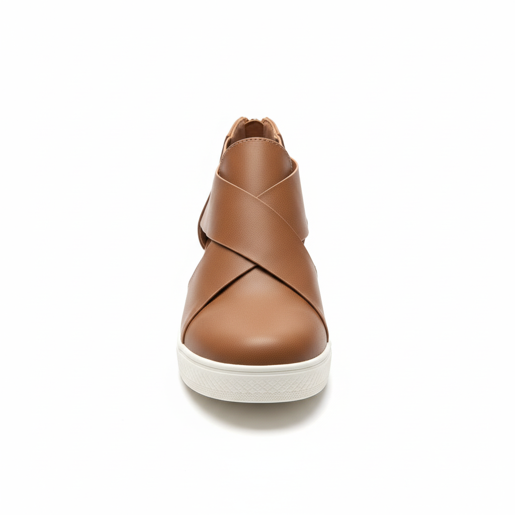 Tan crossover strap sneaker front view