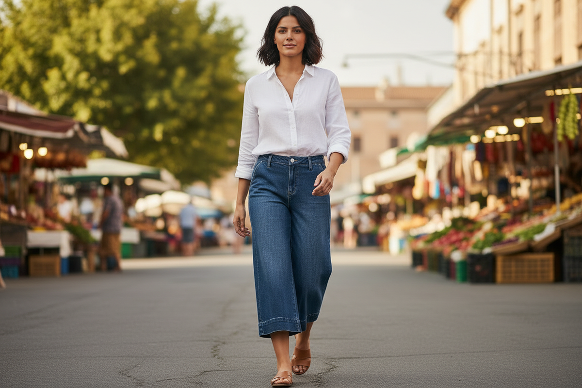 Risen Jeans dark wash wide-leg denim culottes high-rise fit outdoor movement shot white linen shirt - BellanBlue