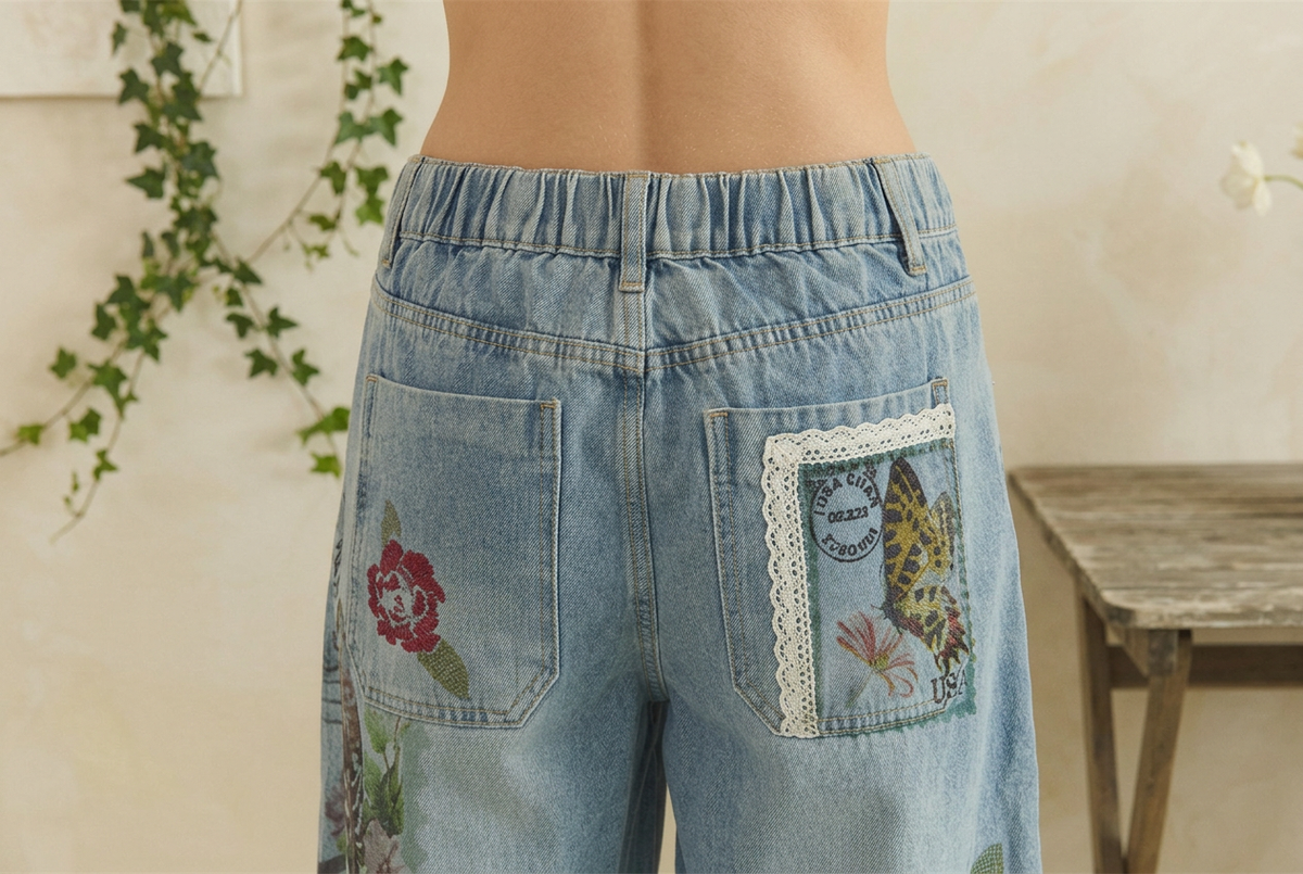 Rear waistband detail of blue jeans showing gathered elastic and floral decorated patch pockets