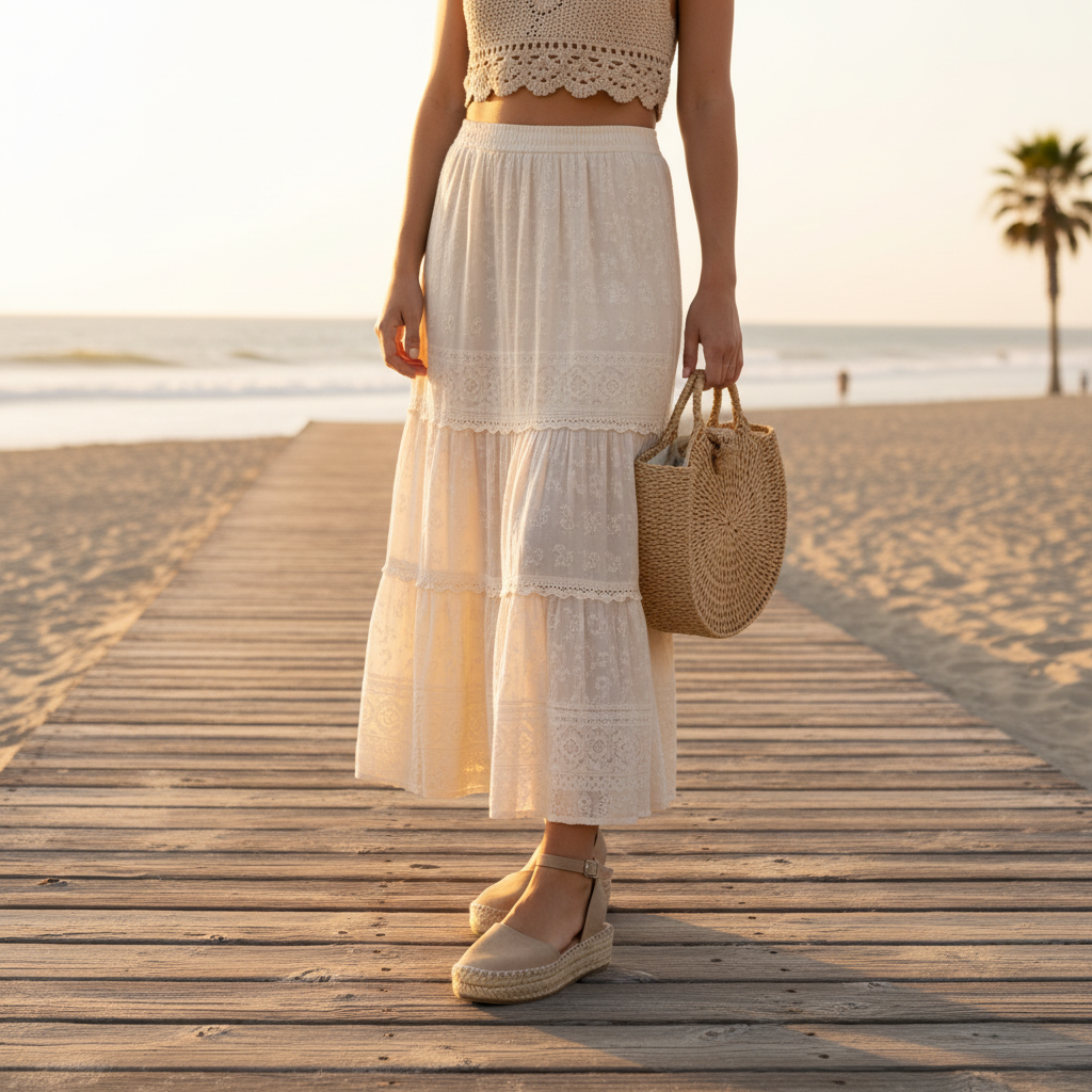 Women's taupe suede espadrille flatform sandals with woven jute platform styled with boho maxi skirt for a beach resort look