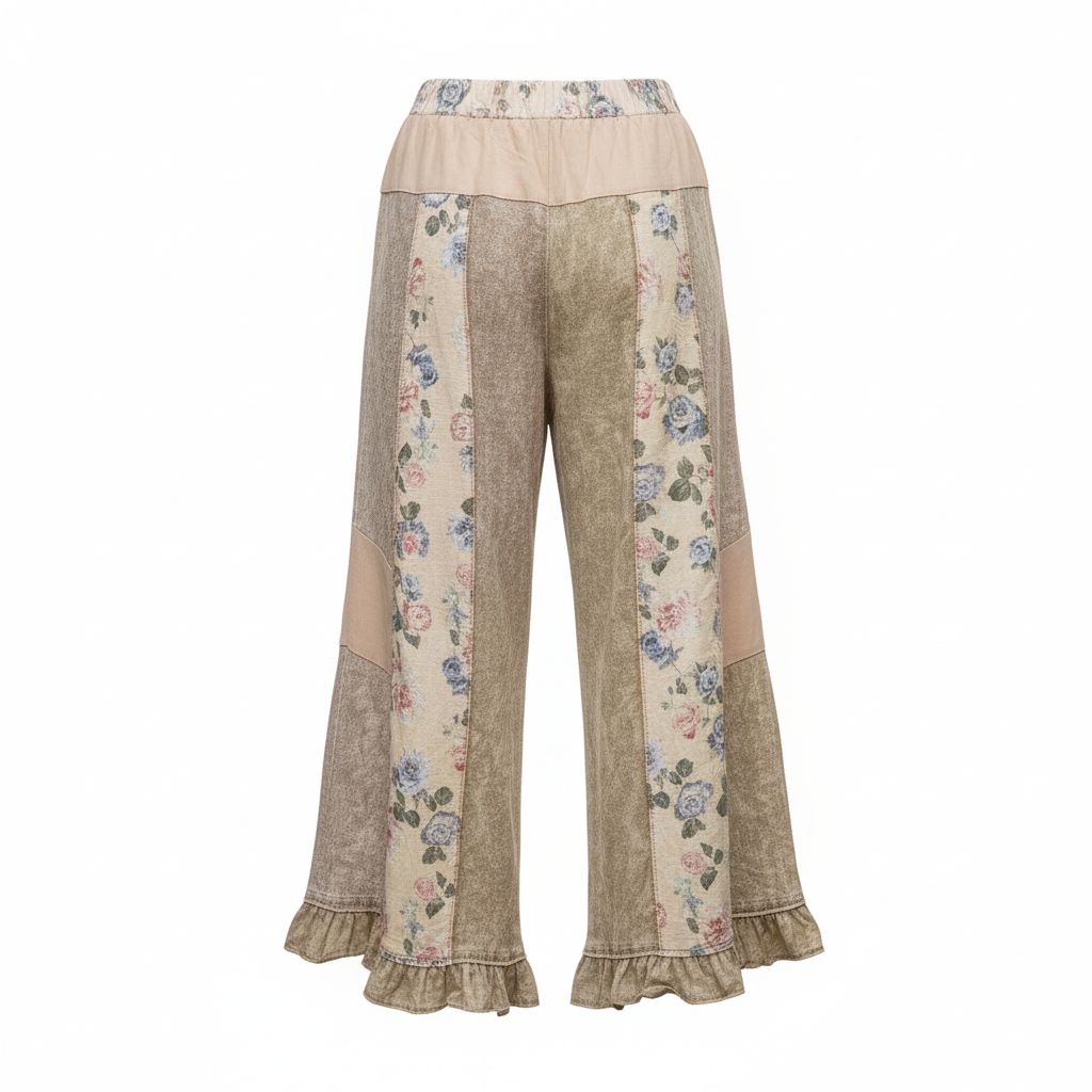 Women's brown patchwork floral wide-leg pants back view elastic waistband mineral wash relaxed fit