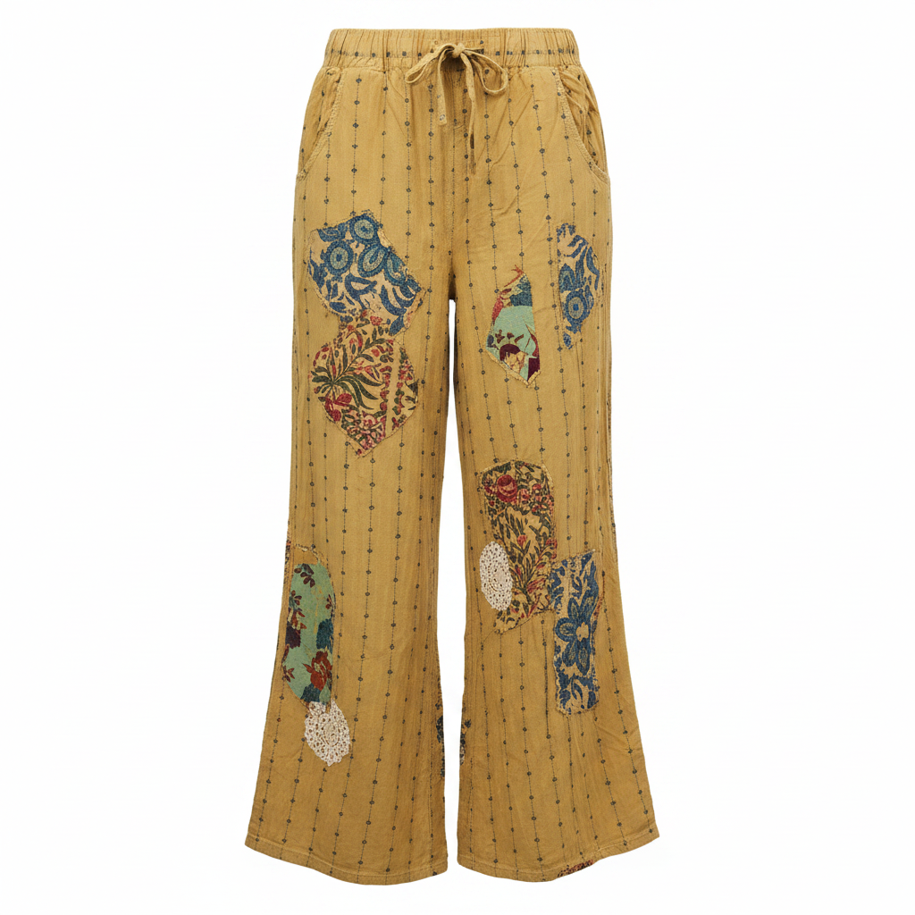 Women's mustard yellow wide-leg pant, multi-patchwork inserts, ditsy dot crinkled cotton, elastic waist, oversized fit - BellanBlue