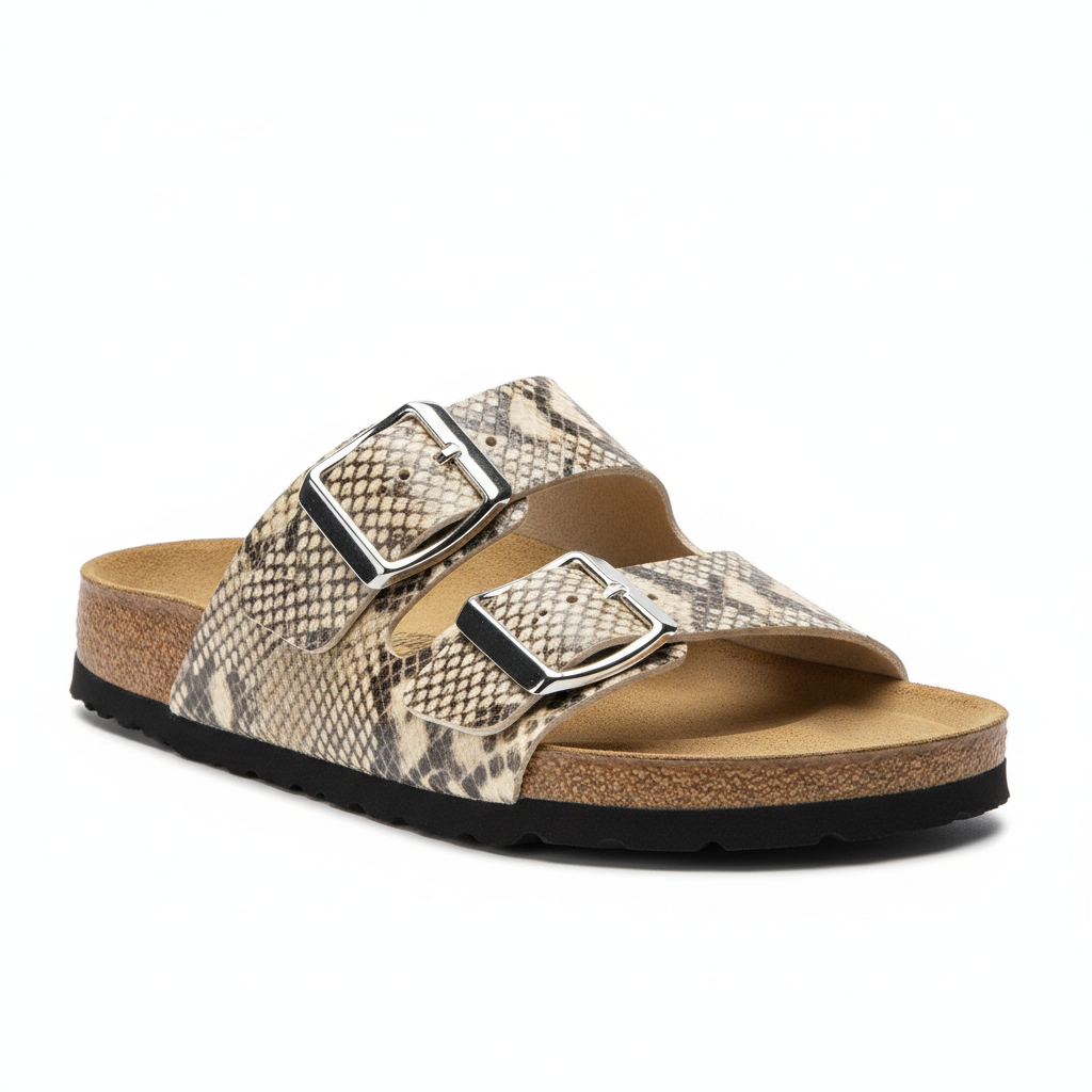 Snake print double buckle slide sandal in beige with cork footbed and silver buckles - front angled view on white background