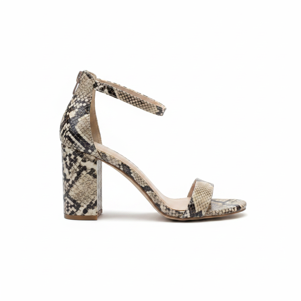 Snakeskin-print block heel ankle strap sandal, inner side profile showing white lining, black white grey python texture, white background