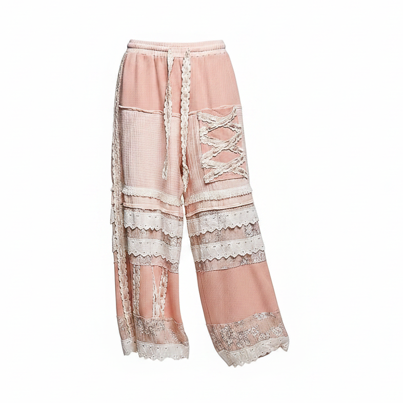 Women's pink high rise double gauze jogger pants with lace trim tiers, relaxed fit