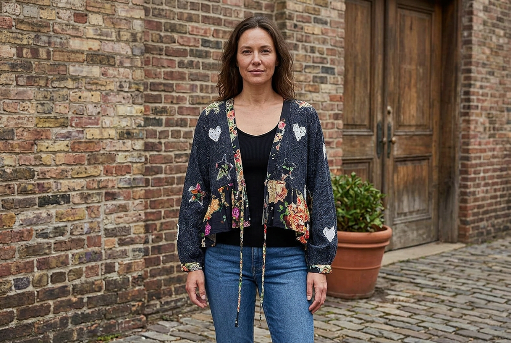 Black heart-patch eyelet cardigan layered over a black tank and jeans outside a brick building.