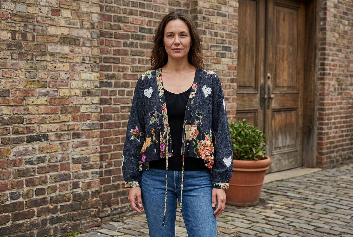 Black heart-patch eyelet cardigan layered over a black tank and jeans outside a brick building.