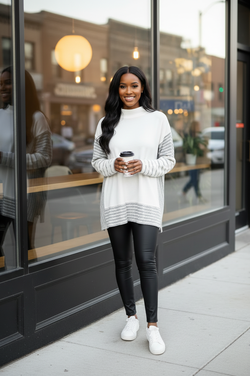 Women's white striped knit pullover sweater styled casually near a café storefront weekend look