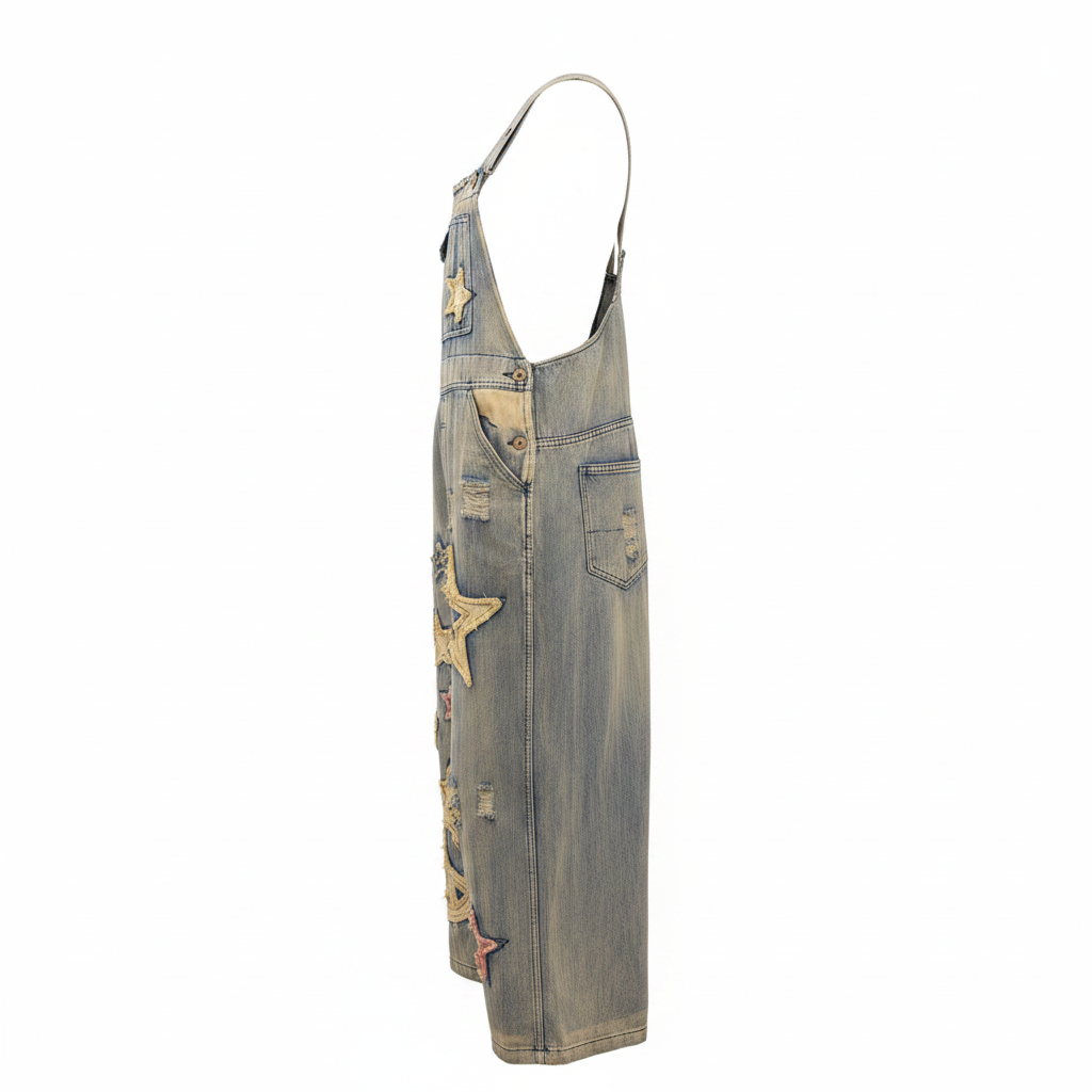 Women's wide-leg denim overall jumpsuit with star appliqués, side profile showing full silhouette and drape
