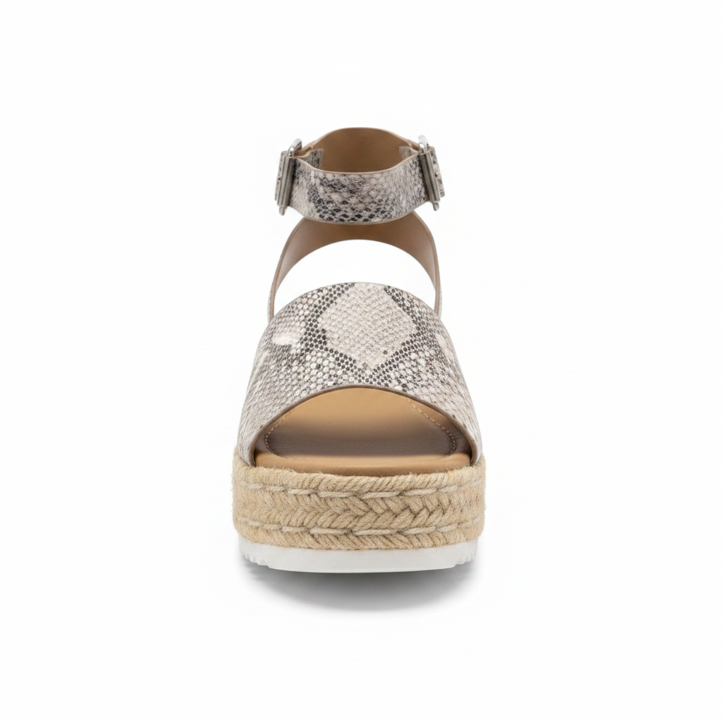 Women's python snake print espadrille platform sandal front view open toe ankle strap silver buckle jute platform