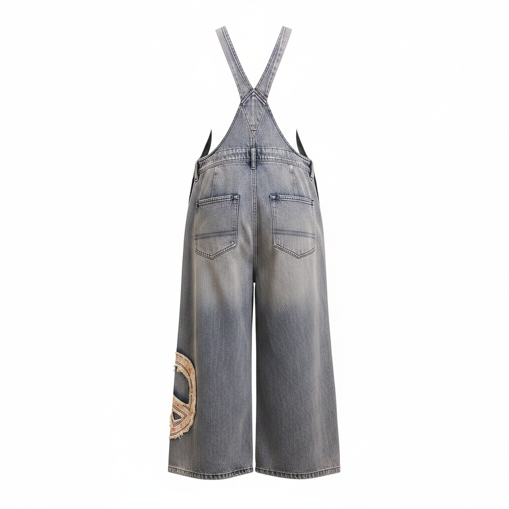 Bluevelvet women's denim overalls back view, button closure, back pockets, peace appliqué on wide cropped legs