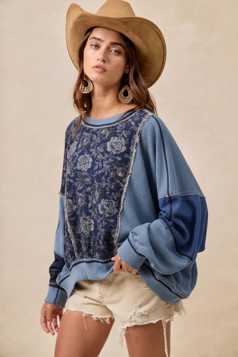 Colorblock Stripe Mix Top Blue/Denim - Lifestyle image styled with denim shorts and cowboy hat