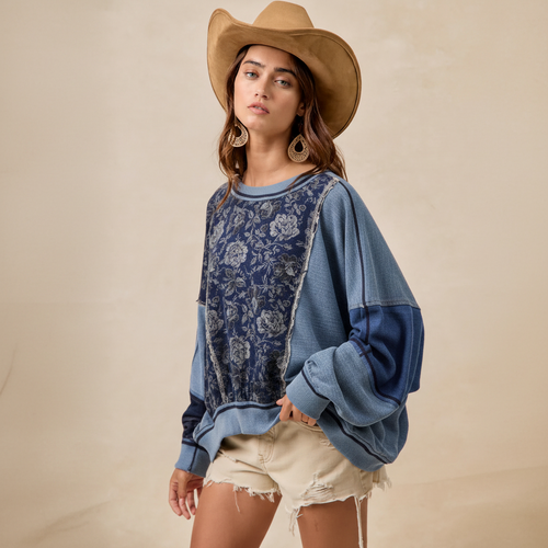 Colorblock Stripe Mix Top Blue/Denim - Lifestyle image styled with denim shorts and cowboy hat