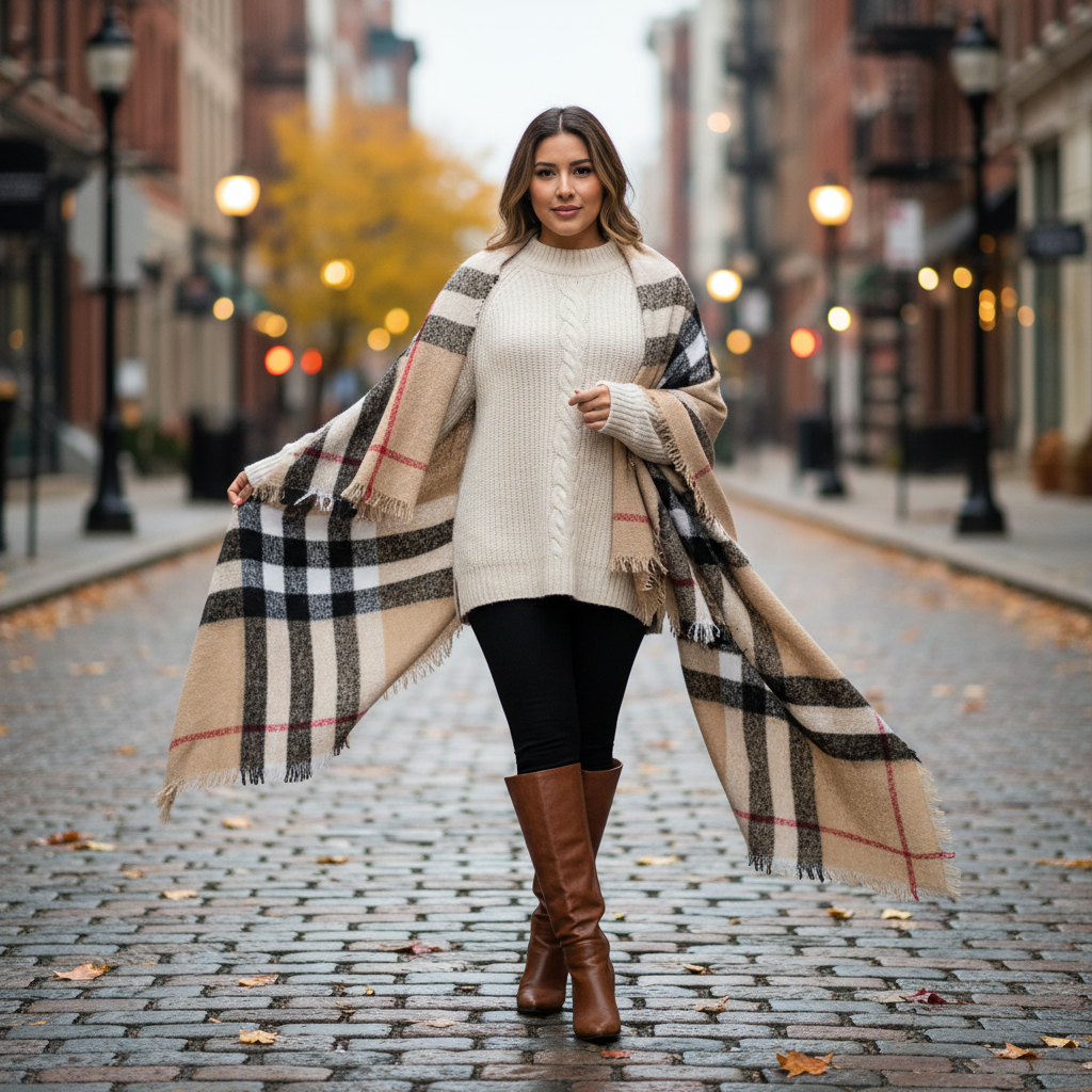 Women's tan plaid shawl wrap with fringe hem, layered over sweater and leggings, boho street style