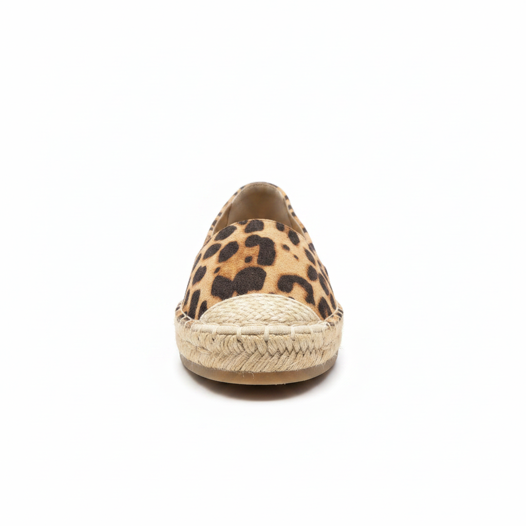Leopard print espadrille slip-on flat, front toe view, braided rope trim detail, women's flat shoes