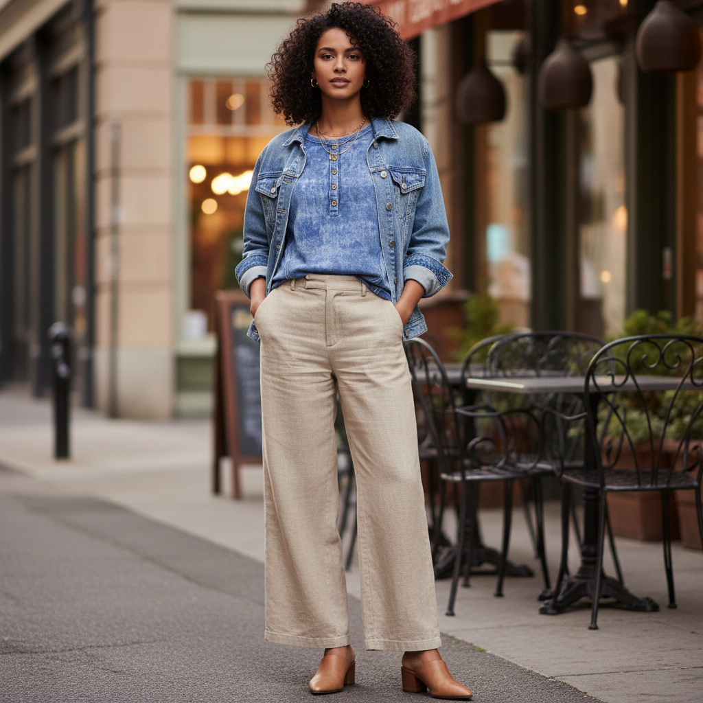 Women's ocean blue acid wash French terry henley raglan top layered under denim jacket fall outfit
