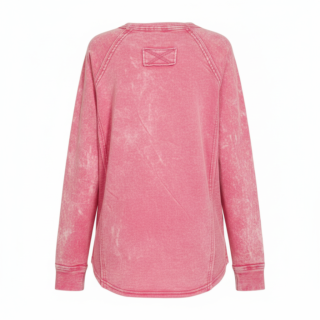 Women's fuchsia washed French terry henley raglan top back view with X-stitch patch - BellanBlue