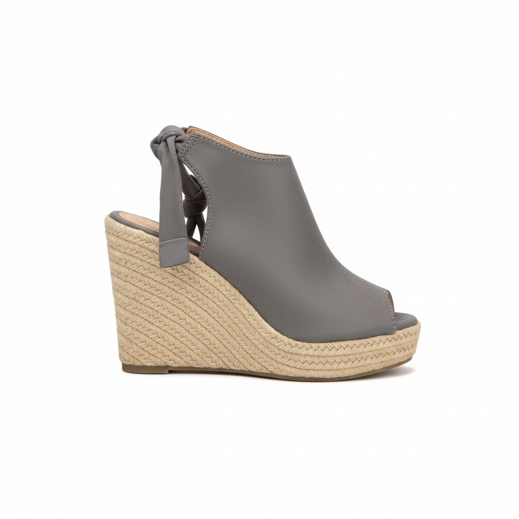 Grey espadrille wedge sandal side profile showing natural jute wedge heel and platform