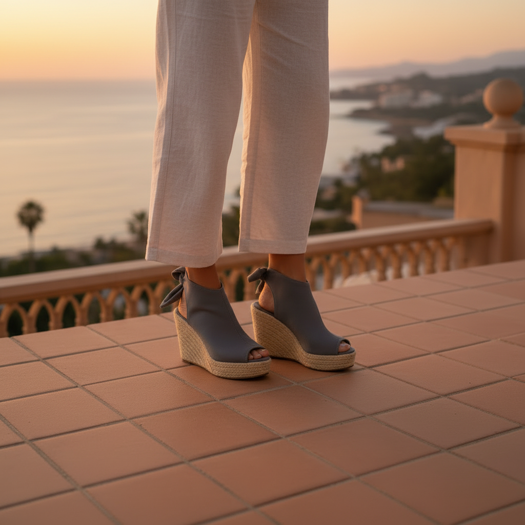 Woman standing in Refresh Emery-03 gray espadrille wedge sandals with linen pants, knees-down lifestyle shot outdoors