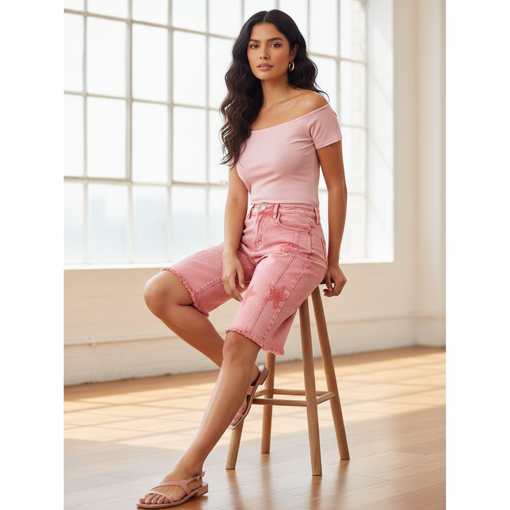Women's pink acid-wash star denim shorts studio editorial off-shoulder top styled look