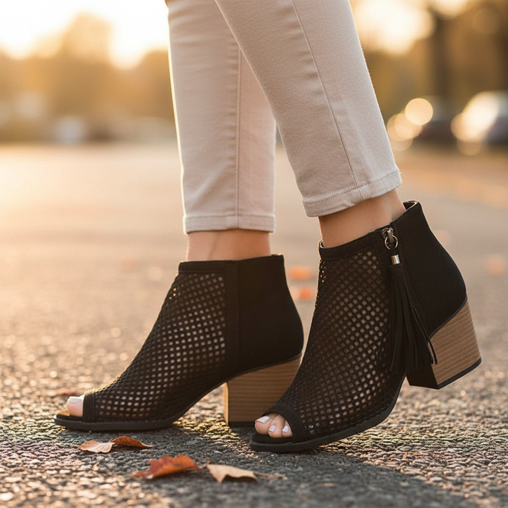 Women's black perforated mesh peep-toe booties with fringe tassel styled for a boho fall outdoor outfit