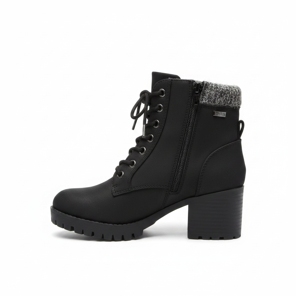 Soda SINGLE-S black ankle boot inner side profile showing side zipper detail and block heel