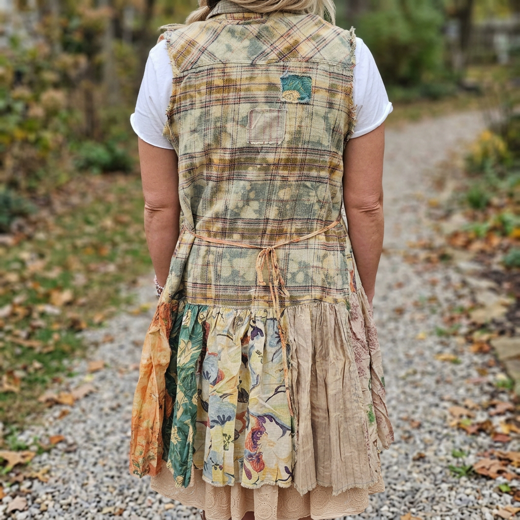 Back view of a plaid patchwork dress showing small patches, a tied waist and gathered floral skirt panels.