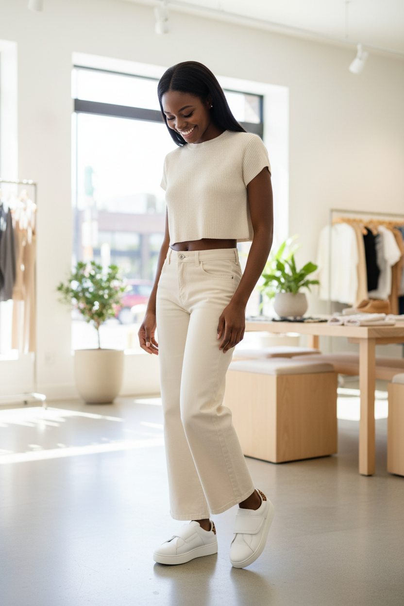 Women's white velcro platform sneakers with leopard print heel accent styled with wide-leg cream trousers in a boutique