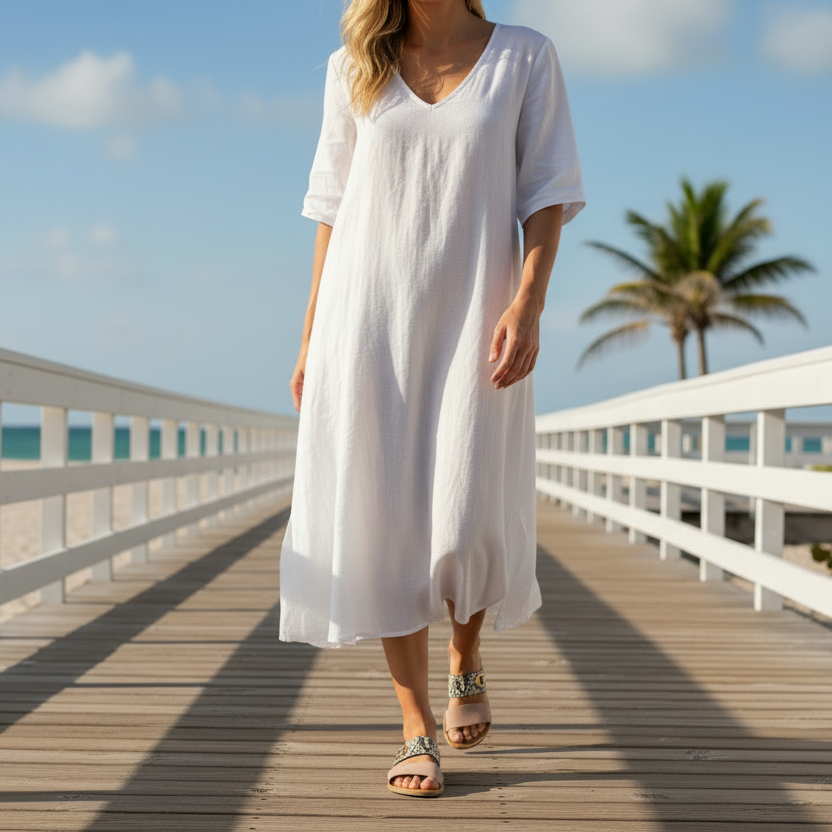 Women's blush suede double-strap flat slide sandal with snake print ankle strap styled with linen midi dress summer boardwalk - BellanBlue