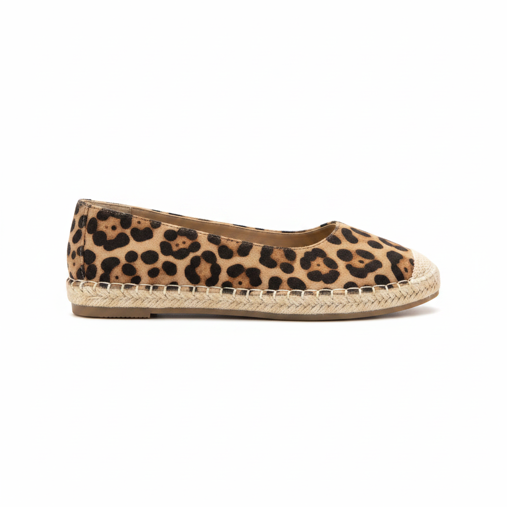 Bella Marie MANDY-40 leopard suede espadrille flat, side profile view, braided jute trim and rounded toe