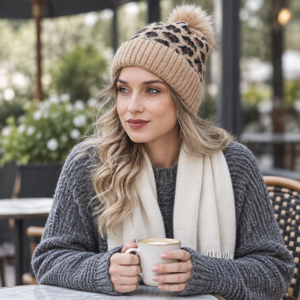 Woman in Leto Collection camel leopard knit pom pom beanie and grey sweater at an outdoor coffee shop