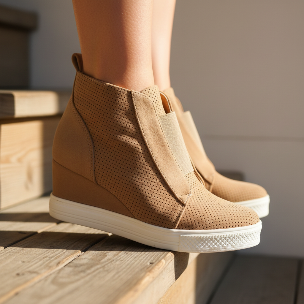 Close-up detail of camel perforated suede wedge sneaker bootie showing perforated texture and gold side zip hardware