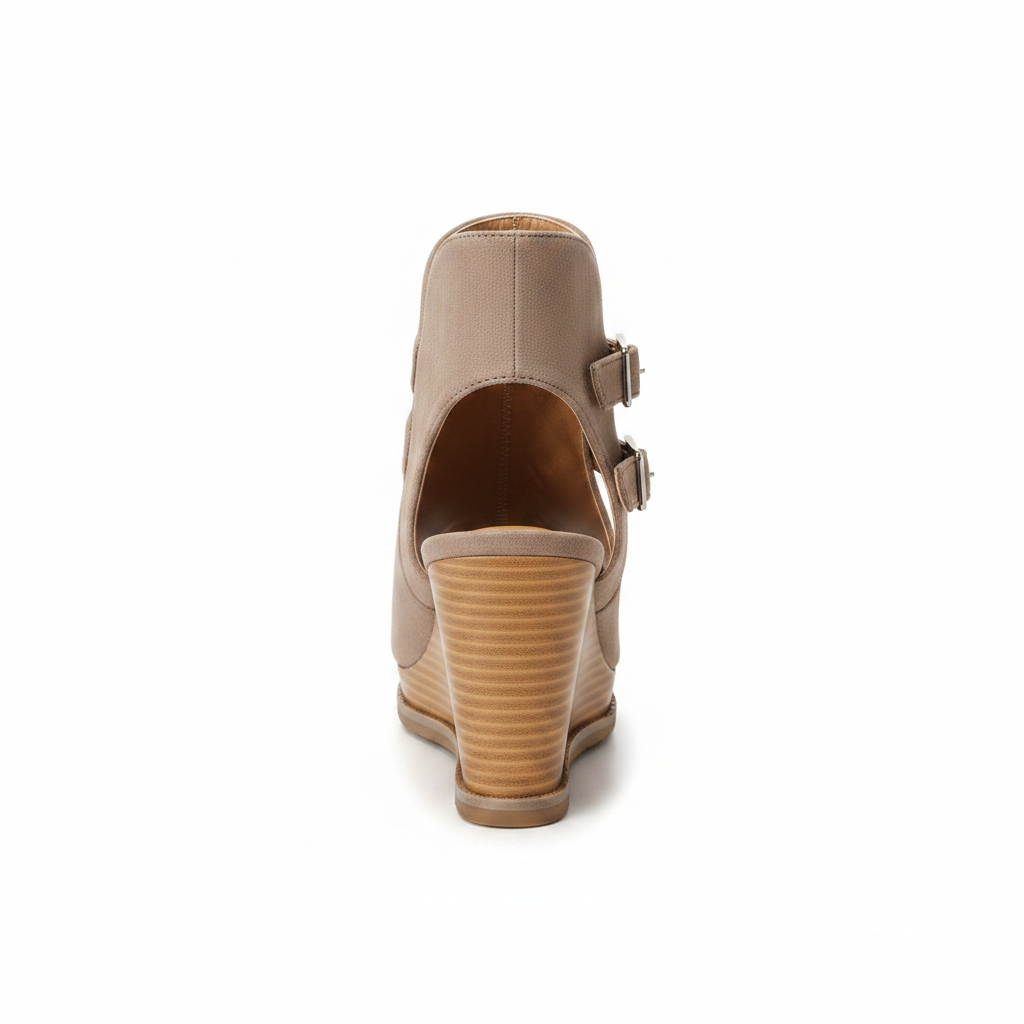 Qupid Finley taupe wedge bootie straight rear view showing open slingback and stacked wood-grain heel, white background