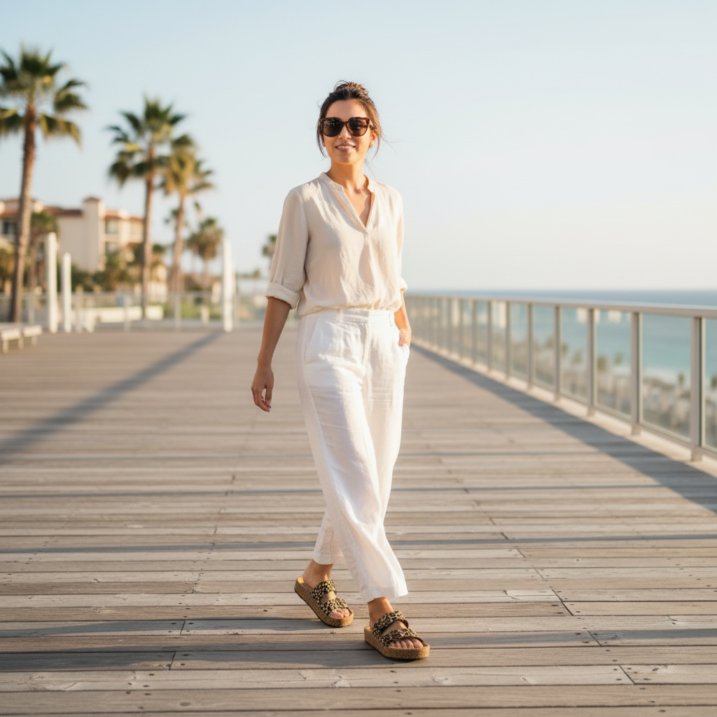 Women's leopard print double buckle cork platform slide sandals styled with white linen trousers sunny terrace - BellanBlue