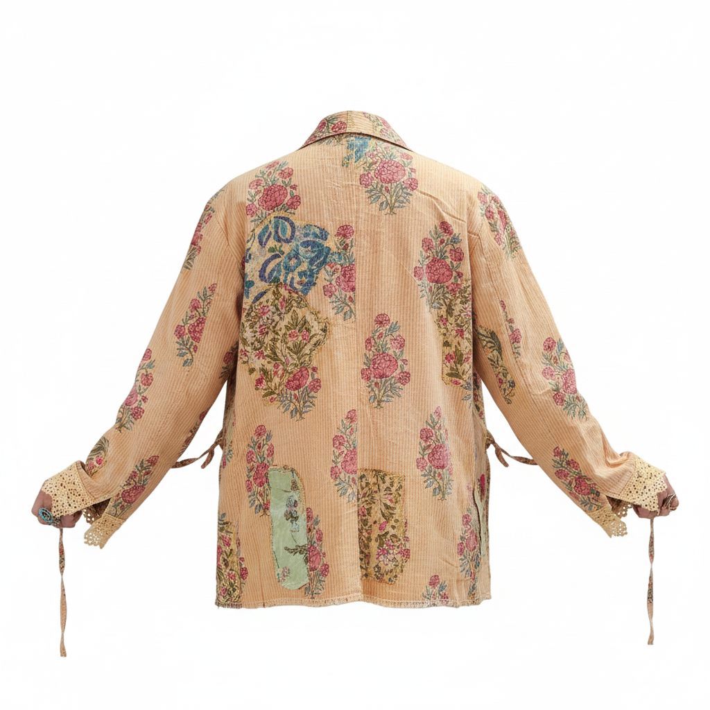 Women's golden peach floral patchwork open-front jacket, crochet cuff trim, ribbed cotton, relaxed oversized silhouette