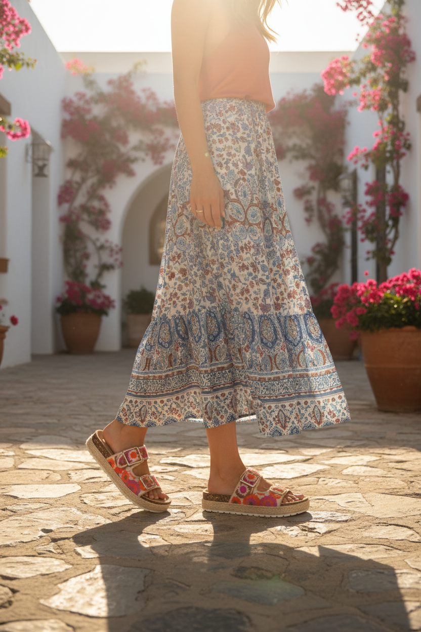 Woman wearing floral espadrille platform sandals in Mediterranean courtyard - elegant summer style