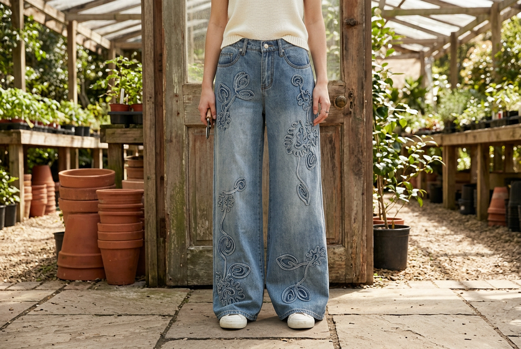 Full-length blue floral applique jeans showing wide legs and hems beside a plant nursery doorway.