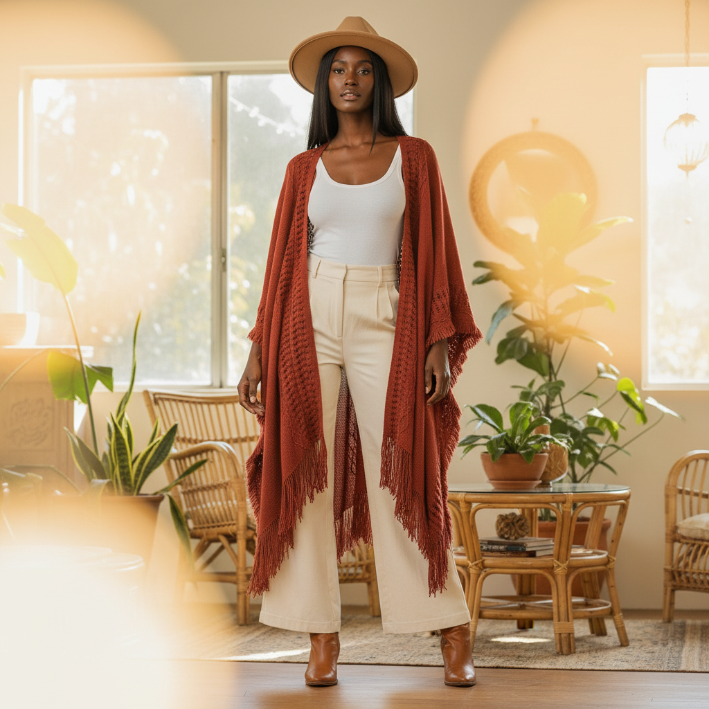Women's rust open-knit ruana wrap with fringe trim, floor-length oversized boho layering piece