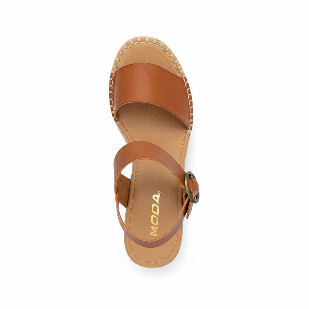 Women's tan PU platform espadrille wedge sandal top overhead view showing open toe strap and footbed