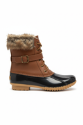 Tan waterproof duck boot with black rubber bottom and fur trim - right foot side view