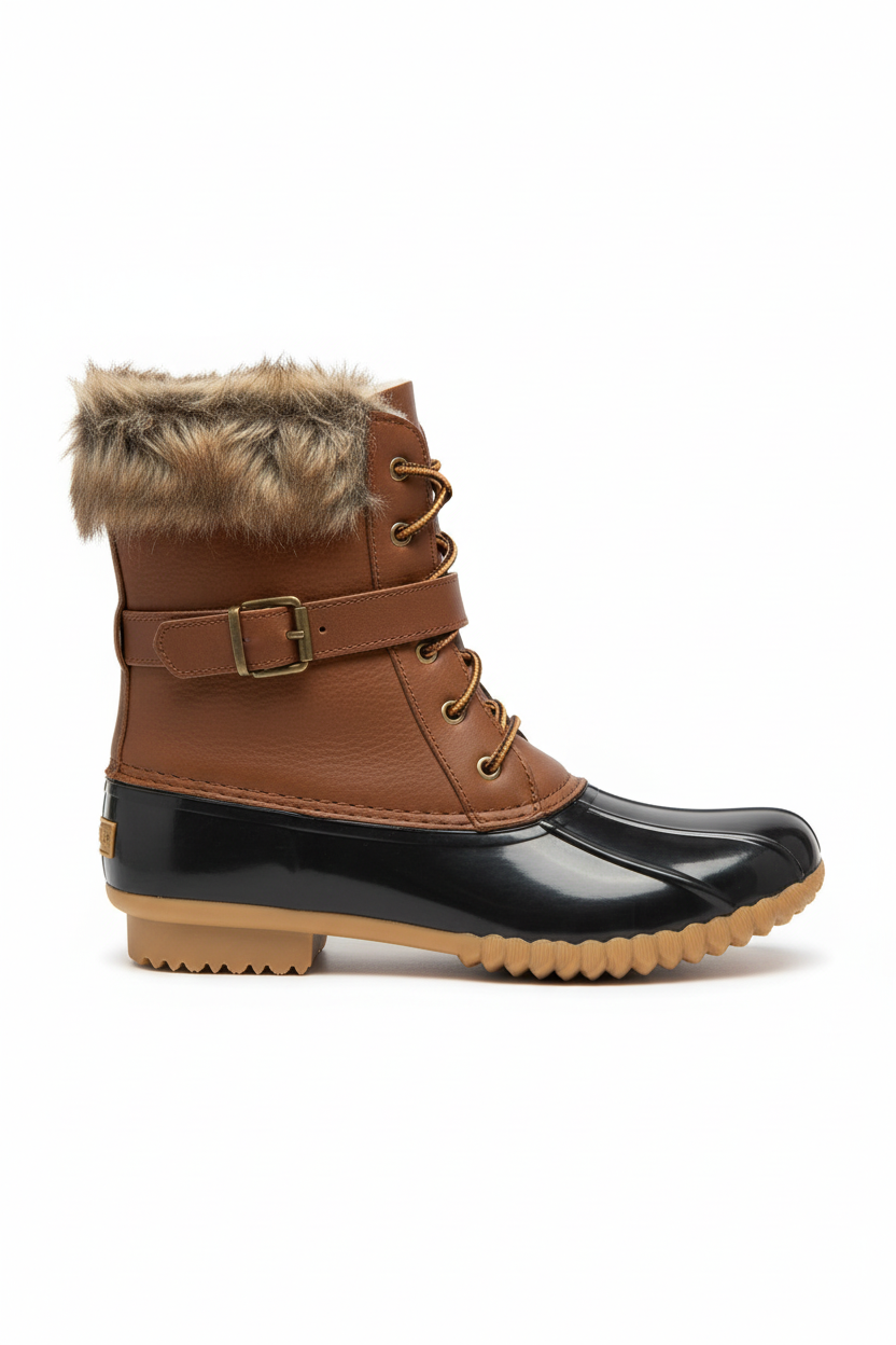 Tan waterproof duck boot with black rubber bottom and fur trim - right foot side view